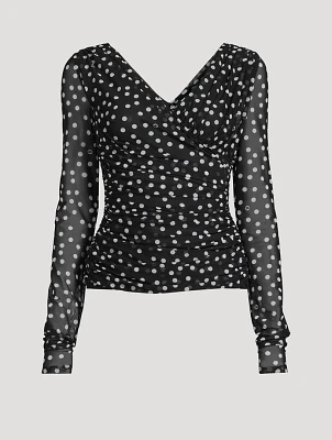 Tulle Wrap Blouse Polka Dot Print