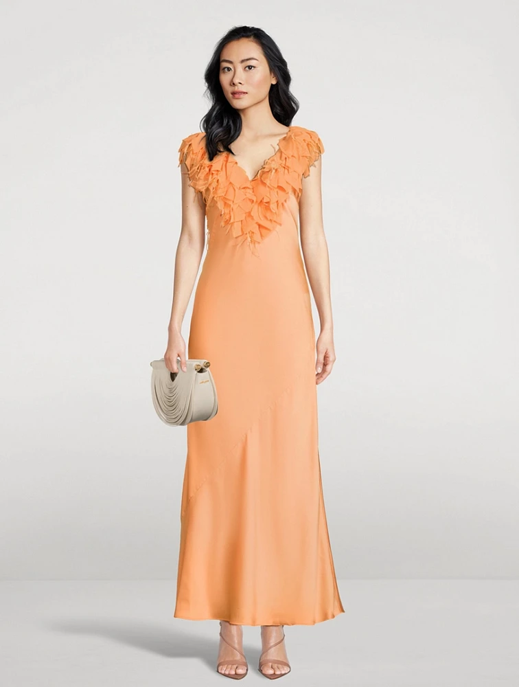 Manota Feather-Trimmed Satin Gown