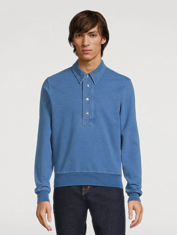 Cotton Jersey Long-Sleeve Polo Sweater