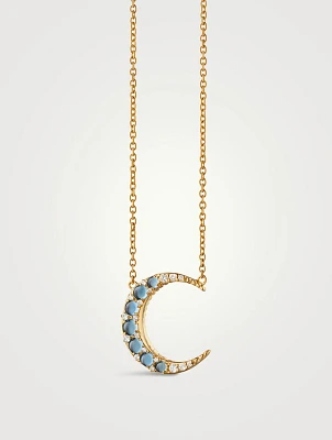 Aquamarine 18K Gold Crescent Moon Necklace With Turquoise And Diamonds