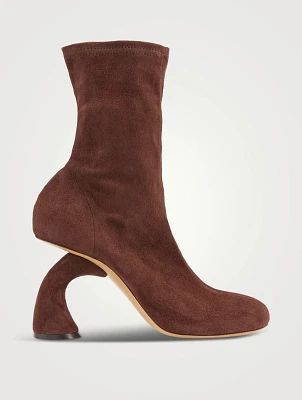 Curved-Heel Suede Ankle Boots
