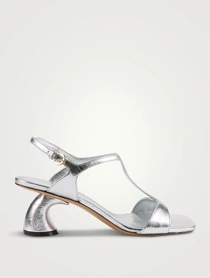 Curved-Heel Metallic Leather Sandals