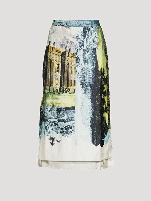 Satin Pencil Skirt Countryside Print