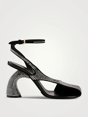 Curved-Heel Asymmetric Embellished Suede Sandals