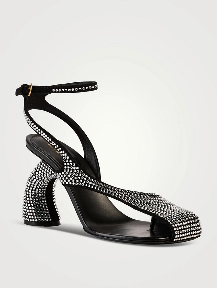Curved-Heel Asymmetric Embellished Suede Sandals