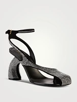 Curved-Heel Asymmetric Embellished Suede Sandals