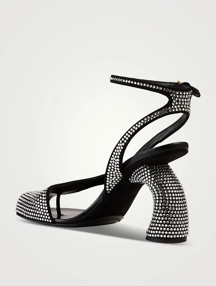 Curved-Heel Asymmetric Embellished Suede Sandals