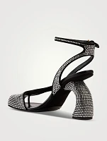 Curved-Heel Asymmetric Embellished Suede Sandals