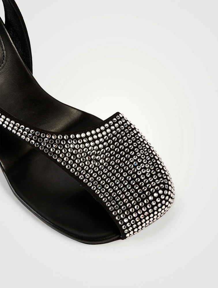 Curved-Heel Asymmetric Embellished Suede Sandals