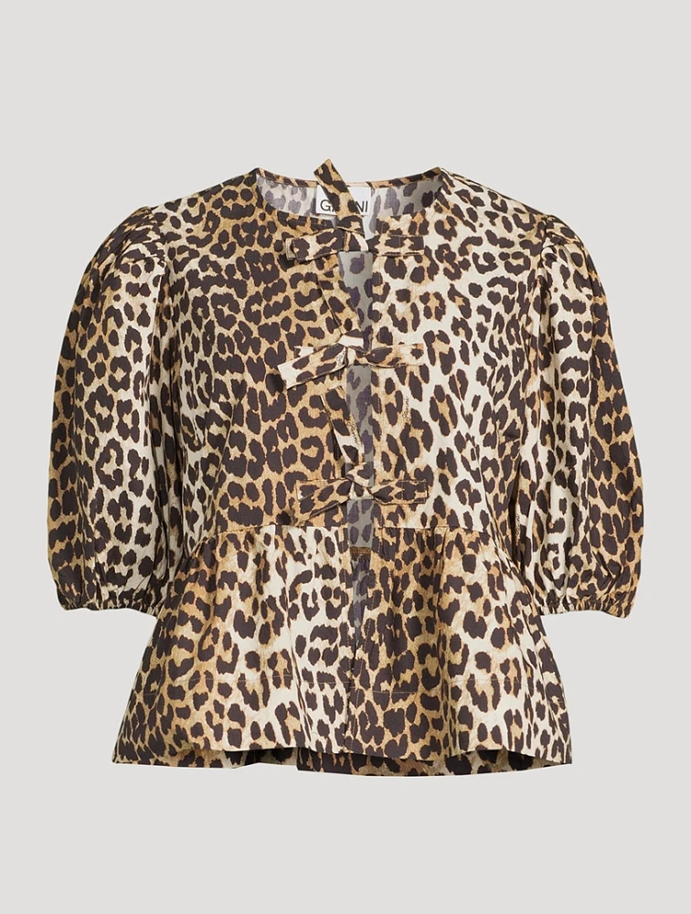 Tie-Front Poplin Blouse Leopard Print