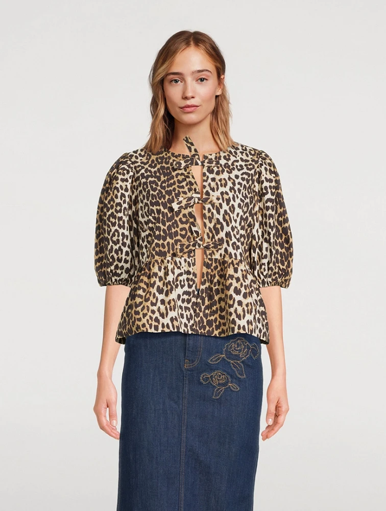 Tie-Front Poplin Blouse Leopard Print