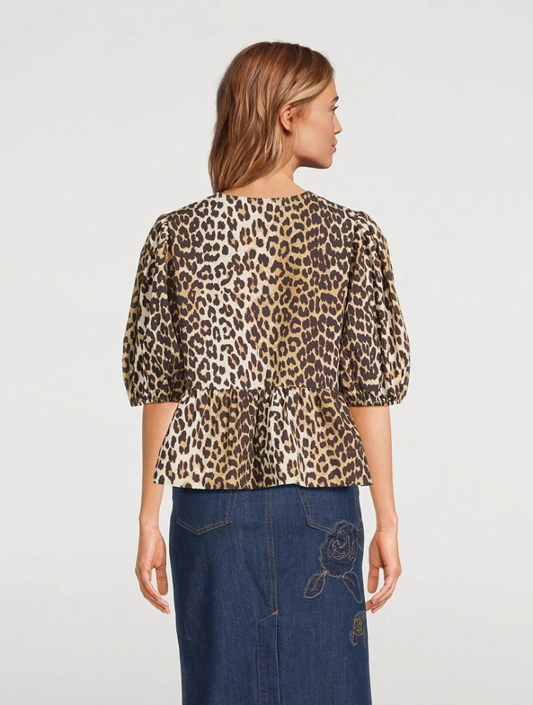 Tie-Front Poplin Blouse Leopard Print