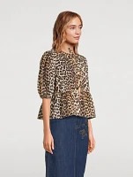 Tie-Front Poplin Blouse Leopard Print