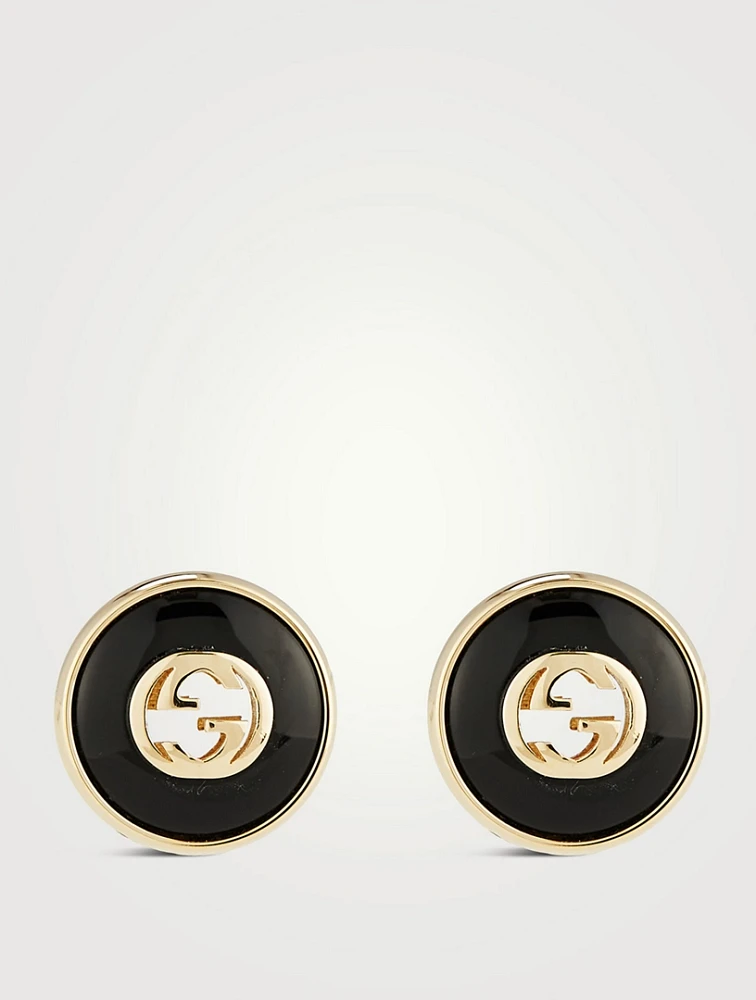 Gucci Interlocking 18K Gold Stud Earrings With Onyx