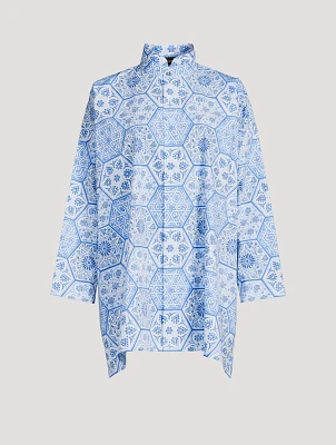 Double Stand Collar Poplin Shirt Hexagonal Tile Print