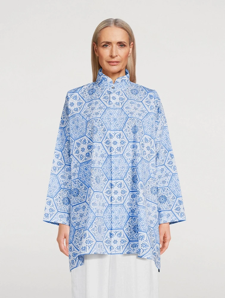 Double Stand Collar Poplin Shirt Hexagonal Tile Print