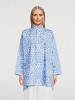 Double Stand Collar Poplin Shirt Hexagonal Tile Print