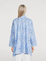 Double Stand Collar Poplin Shirt Hexagonal Tile Print