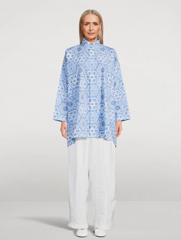 Double Stand Collar Poplin Shirt Hexagonal Tile Print