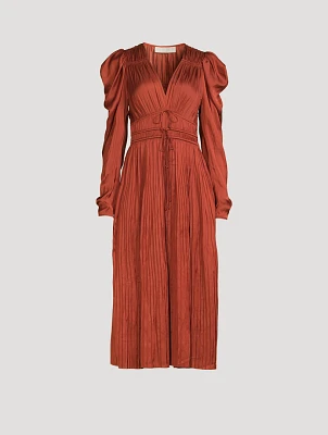 Lelou Plissé Satin Midi Dress