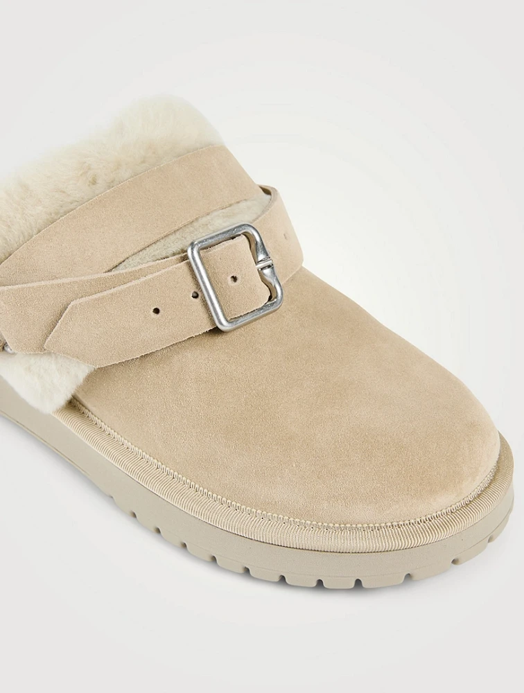 Chubby Shearling-Trimmed Suede Mules