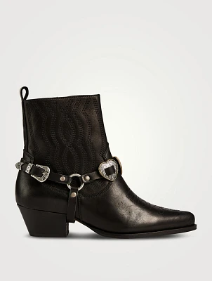 Blues Leather Western Ankle Boots With Harness