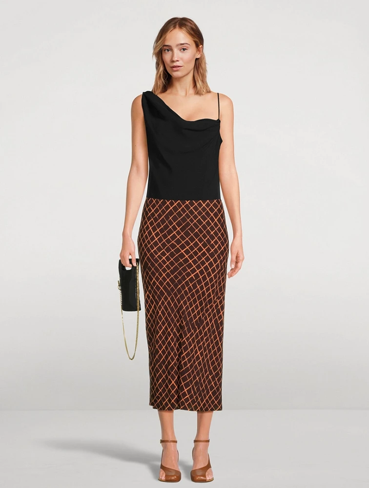 Sati Bias-Cut Midi Skirt Grid Print