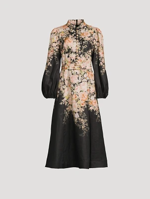 Illustration Puff-Sleeve Midi Dress Floral Print