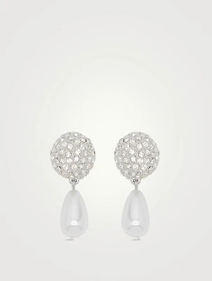 Clip-On Crystal Ball Earrings With Faux Pearl Drops