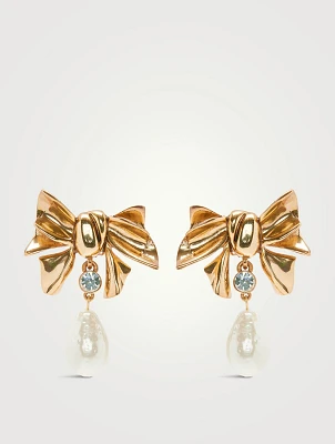 Bow Faux Pearl And Crystal Drop Earrings