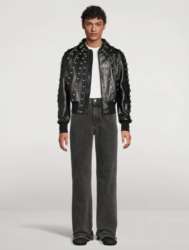 Studded Leather Bomber Jacket