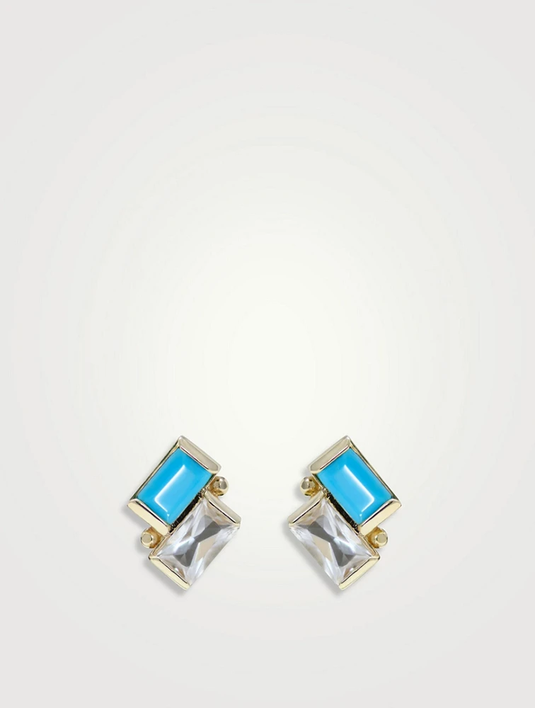 Cléo 14K Gold Deux Carré Stud Earrings With Turquoise And Topaz