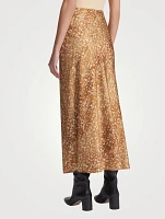 Satin Bias-Cut Skirt Floating Leaves Print