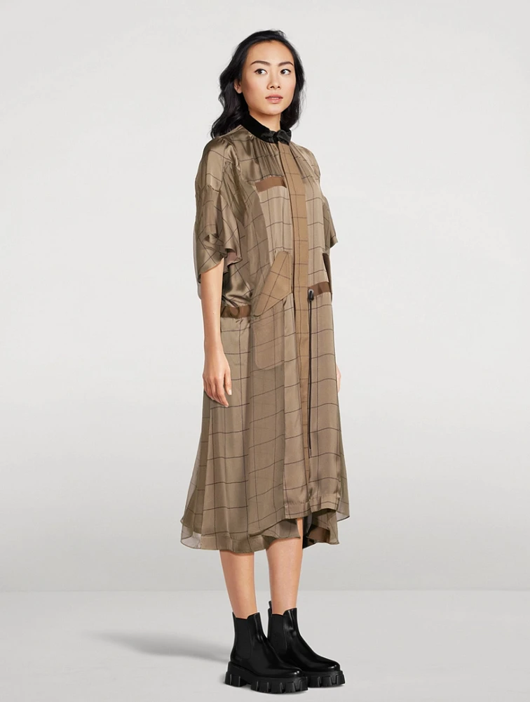 Drawstring Midi Dress Windowpane Print