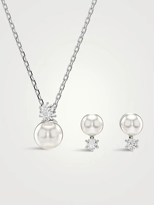 Matrix Crystal And Crystal Pearl Necklace And Stud Earrings Set