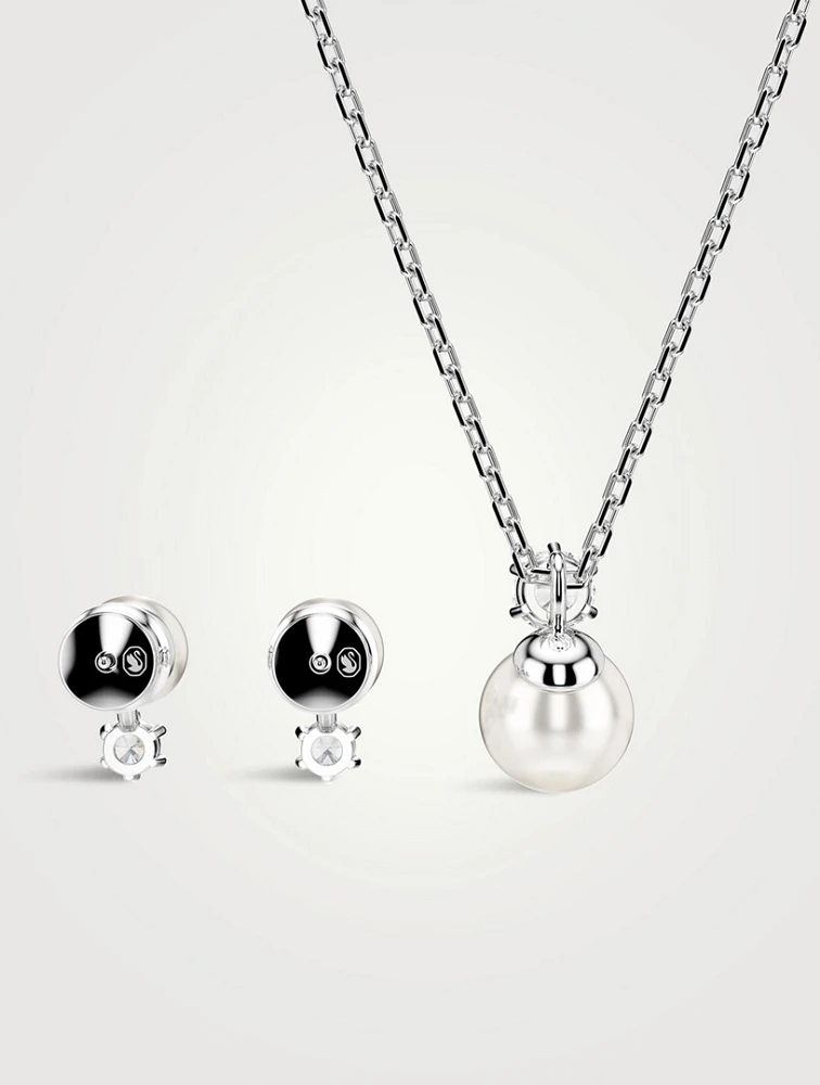 Matrix Crystal And Crystal Pearl Necklace And Stud Earrings Set