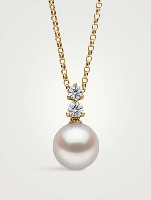 Diamond Classic 18K Gold Akoya Pearl Double Diamond Pendant Necklace