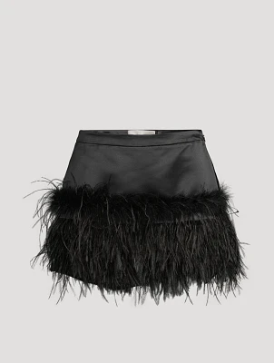 Viviette Feather-Trimmed Satin Mini Skirt