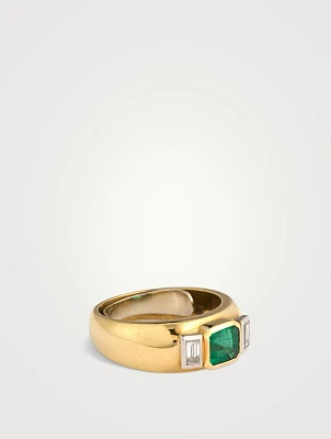 Estate 18K Gold Emerald And Diamond Chubby Band Ring