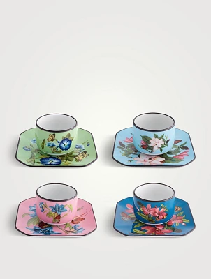Set Of Four Fete Vos Jeux Coffee Cups And Saucers
