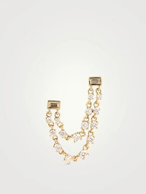 14K Gold Baguette Double Diamond Chain Stud Earring