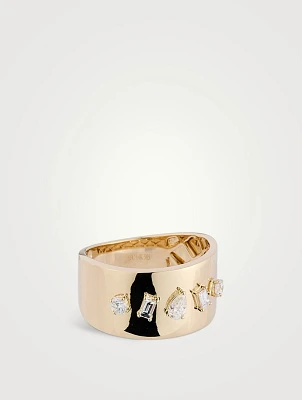 14K Gold Diamond Multifaceted Cigar Ring