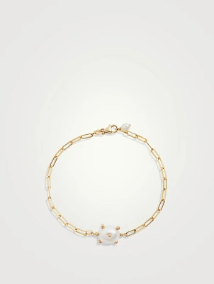 14K Gold Oval Pearl Link Chain Bracelet