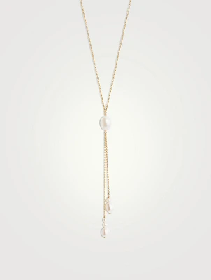 14K Gold Oval Pearl Lariat Necklace