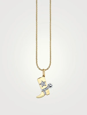14K Gold Cowboy Boot Charm Necklace With Diamonds