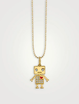 14K Gold Diamond Robot Charm Necklace