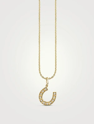 14K Gold Small Bezel Horseshoe Charm Necklace With Diamonds