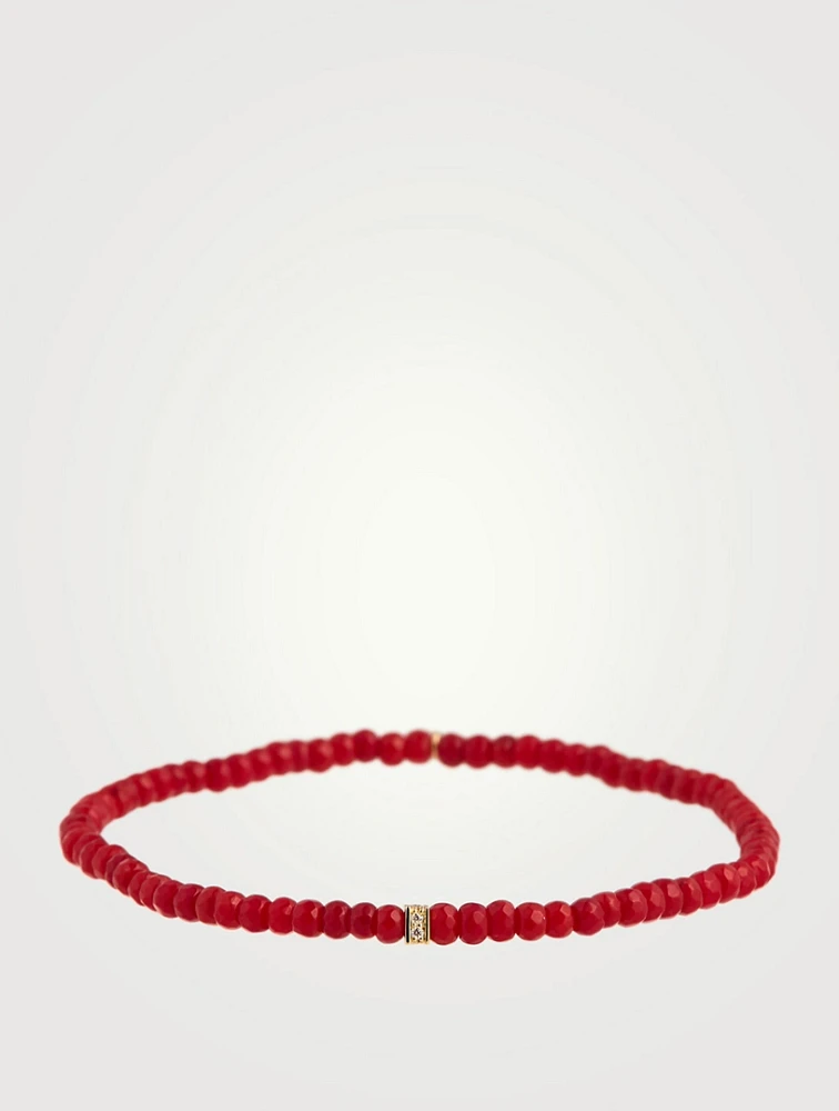 Red Bamboo Coral Beaded Bracelet With Small 14K Gold Pavé Diamond Bead