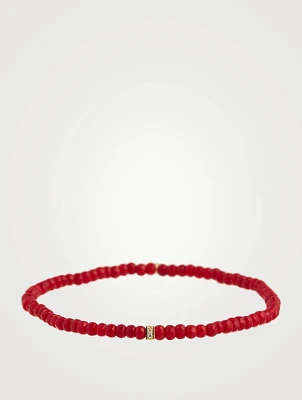 Red Bamboo Coral Beaded Bracelet With Small 14K Gold Pavé Diamond Bead