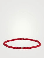 Red Bamboo Coral Beaded Bracelet With Small 14K Gold Pavé Diamond Bead
